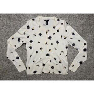 Gap Cardigan Sweater Daisy Floral Embroidered Size M Cream Navy White Button Up